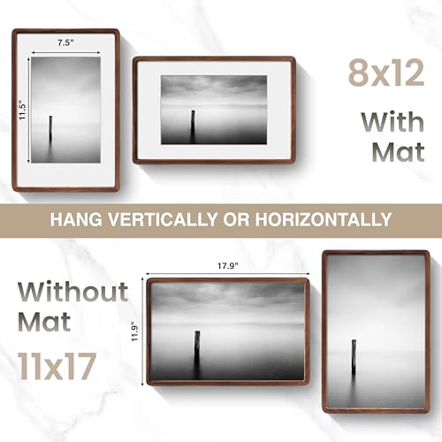 Acovy 11x17in Picture Frame, Natural Solid Walnut | Handcrafted Wooden Photo Frame, Dual Use for Wall Mount, Matted to Fit 8"x12" Photos, HD Tempered Glass - color: Walnut, size: 11x17in