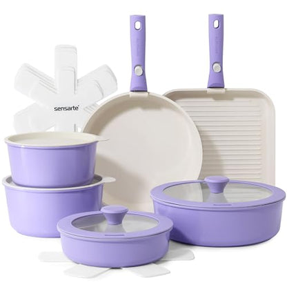 SENSARTE 17 Piece Ceramic Detachable Handle Pots and Pans Set Purple | Ceramic Cookware Set, Induction Cookware Set with Removable Handle, Healthy Non Stick for RV, Dishwasher ＆ Oven Safe - color: Purple, size: 17 Piece