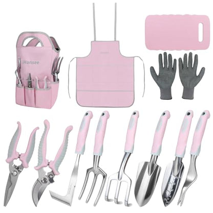 Pink Garden Tools Set 12-Piece, Gardening Gifts for Women | Aluminum Gardening Hand Tool with Non-Slip Handle, Kneeling Pad, Apron, Gloves and Organizer Handbag, Landscaping Tools - color: pink