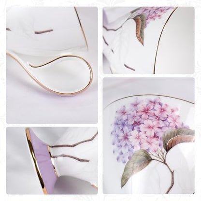 KAMMAK Tea Cups Set of 2,Ceramic Floral Pattern Demitasse Cup | Porcelain Espresso Cup with Saucer, 8.45 oz Handmade Elegant Bone China Tea Cups for Latte, Americano, Cappuccino - color: Magnolia & Hydrangea