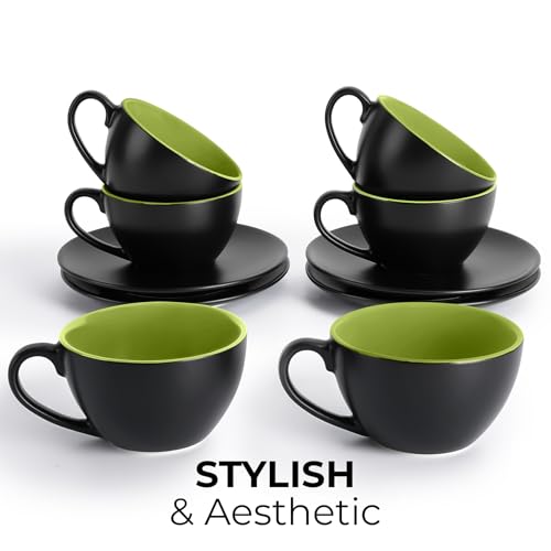 MIAMIO - Set of 6, Ceramic Stackable Cappuccino Cups Set / 6 Ounce Cappuccino Mugs and Saucer with Metal Stand for Coffee Drinks, Cafe, Latte, Americano and Tea - Le Papillon Collection (Green) | Ceramic Cappuccino Cup Set of 6, Cappuccino Mugs & Saucer w