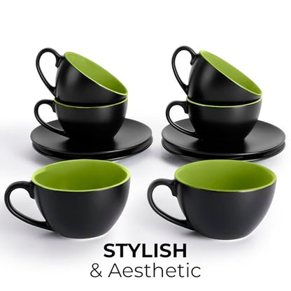 MIAMIO - Set of 6, Ceramic Stackable Cappuccino Cups Set / 6 Ounce Cappuccino Mugs and Saucer with Metal Stand for Coffee Drinks, Cafe, Latte, Americano and Tea - Le Papillon Collection (Green) | Ceramic Cappuccino Cup Set of 6, Cappuccino Mugs & Saucer w