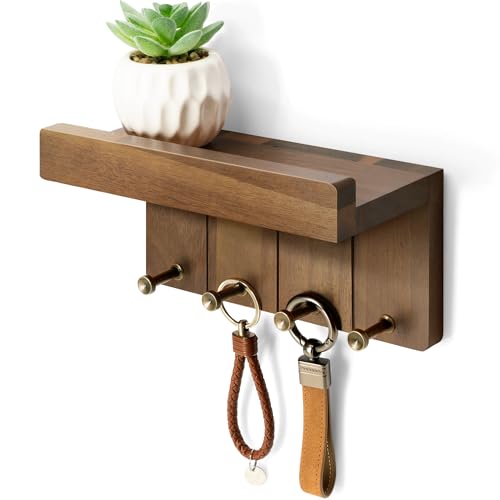Rebee Vision Acacia Wood Key Holder Wall Mount for Room Decor, Brown | Small Key Holder for Wall, 4 Key Hooks, Shelf, Plant Display, Home Essentials, Home Decor, Compact Entryway Storage - color: D - Acacia, size: Small - 8 inch