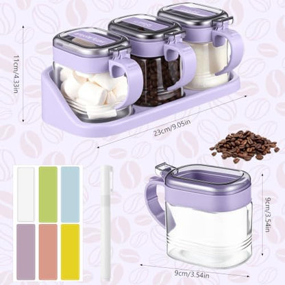 3 Pcs Sugar Coffee Container Set 16 oz Glass Condiment Jar Spice Container Coffee Station Organizer Set with Lable Stickers Scoop for Bean and Sugar Candy, Oats, Nuts (Purple) - color: Purple