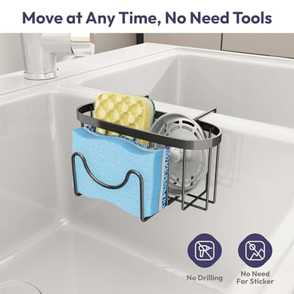 SWTYMIKI Sponge Holder for Kitchen Sink - Movable Kitchen Sink Caddy with M Shape Hook, Stainless Steel Hanging Sponges Caddy Organizer in Double Bowl Sinks Depth>3.15in, Middle Divider<1.5in, Black - color: Black-regular