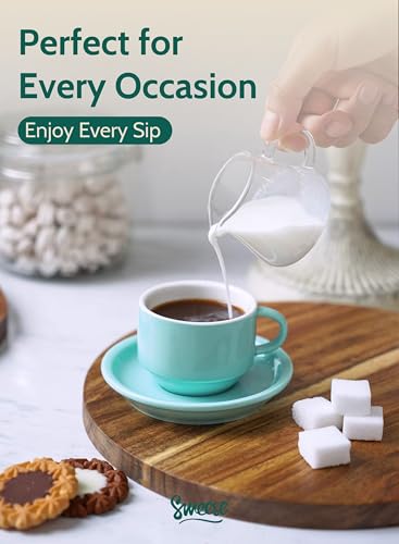 Sweese 2.5 Ounce Porcelain Stackable Espresso Cups with Saucers and Metal Stand Set of 4, Turquoise - color: Turquoise, size: 2.5 Ounces