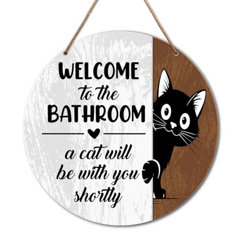 Welcome to The Bathroom A Cat Will Be with You Shortly Sign Wall Decor, Funny Black Cat Bathroom Wood Hanging Sign Decor - color: O