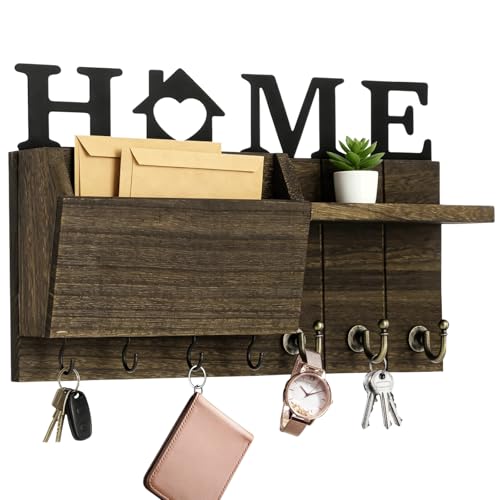 Key and Mail Holder for Wall, Wall Mount with Shelf and 7 Hooks, Rustic Farmhouse Wooden Entryway Organizer, for Hallway Kitchen Decorative
