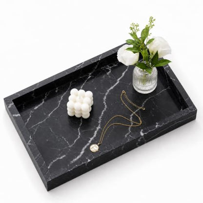 Real Natural Marble & Travertine Vanity Tray, Genuine Marble Serving Tray - color: Black Marble