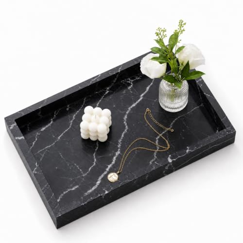 Real Natural Marble & Travertine Vanity Tray, Genuine Marble Serving Tray - color: Black Marble
