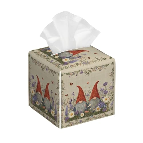 Gnomes Tissue Box Cover Square,Daisy Flower Butterfly Tissue Box Holder Waterproof Leather Facial Paper Organizer Dispenser for Bathroom Home Car Kitchen Nightstand Vanity Desk Decoration - color: Gnomes