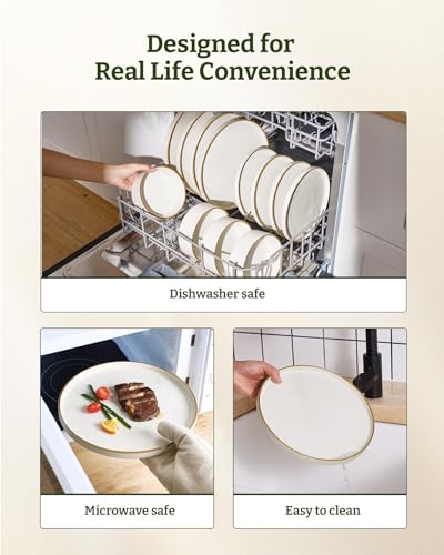 Famiware Nebula 12-Piece Dinnerware Set, Matte Beige White with Brown Rim | Stoneware Plates and Bowls, Handmade Reactive Glaze, Microwave & Dishwasher Safe, Chip & Scratch Resistant - color: Matte Beige White with Brown Rim, size: Service for 4 (Standard