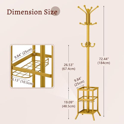 FAVOOSTY Coat Rack Freestanding,Coat Rack Stand with Umbrella Holder,Metal Coat Tree with 12 Hooks,Tree Clothes Hat for Entryway, Hallway, Bedroom, Living Room & Office -Glod - color: Gold