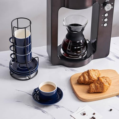 YOLIFE 2.5oz Espresso Cups Set of 4, Porcelain Stackable Espresso Cups with Saucers and Metal Stand, Expresso Shots Cup-Blue - color: Blue, size: 2.5oz
