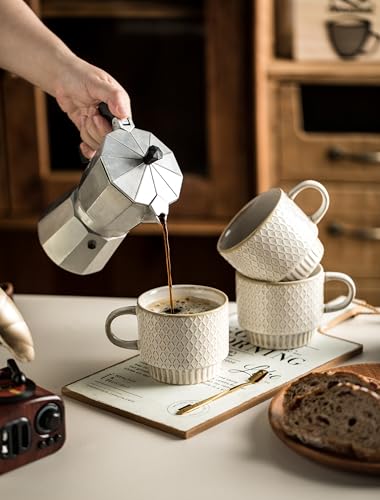 Gomakren Coffee Mugs Set of 4 Ceramic Coffee Cup with Stand, Creamy White | 13oz Stackable, Embossed Grid Mugs, Black Metal Rack, Lead-Free Dishwasher Safe, with Gold Spoons for Home Coffee Bar - color: Creamy White