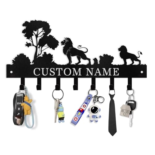 Personalized Key Holder Wall Mount Lion Design | Black Metal Key Hanger Adhesive Key Rack Organizer, Key Hooks Wall Decor for Living Room Entryway Doorway Hallway Garage - color: 07 Animals