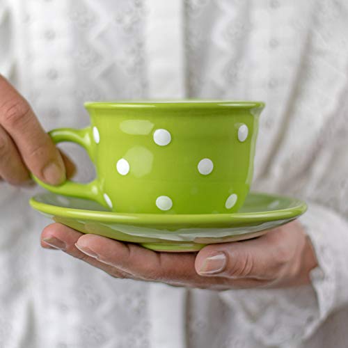 City to Cottage Handmade Lime Green and White Polka Dot Ceramic 8.4oz/250ml | Cappuccino, Coffee, Tea Cup and Saucer, Unique Designer Pottery Gift for Tea Lovers - color: Green - 8.5oz (250ml)