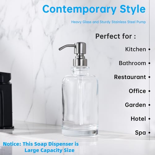 Glass Soap Dispenser Clear with Brushed Nickel Pump, 16.9 OZ Liquid Soap Dispenser Cylindrical with Stainless Steel Pump for Dish Hand Soap Bathroom Kitchen Vanity Countertop - color: Brushed Nickel, size: 16.9 oz