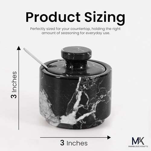 Marble Salt Cellar with Lid and Spoon 3" Black Zebra Flaky Salt, Seasoning Containers, Ideal Small Spices, Sugar Jars, kitchen accessories - color: Black