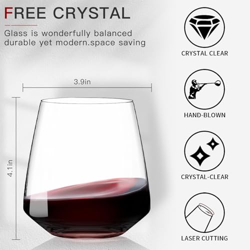 Stemless Wine Glasses Set of 6-15oz【Hand-Blown】 Durable Red White Wine Glasses,Unique Crystal Gifts for Him/Her for Wedding, Birthday,Father's Day - style: 6 Count (Pack of 1)