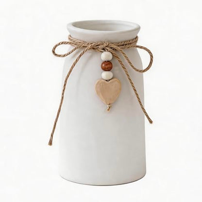 Rustic 6-Inch Ceramic Vase with Jute Rope & Heart Charm for Home Décor, White Flower Vase for Table Centerpieces and Gifts, Ideal for Living Room, Bedroom, and Office - style: Rustic
