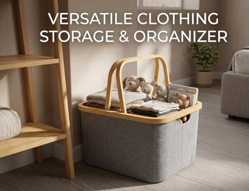 Bamboo Storage Basket with Handles, 45L Large Open-Top Fabric Organizer Bin for Blankets, Toys, Towels and Closet Shelves, Gray, 16.5 x 13.6 x 12.2 In
