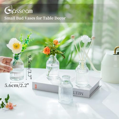 Glasseam Glass Bud Vases for Centerpieces: 12 Pcs Ribbed Small Flower Vases | Clear, Mini 3.7", Cute Table Centerpieces, Wedding Party, Baby Shower, Bridal Florist, Mini Home Decor, Living Room, Kitchen