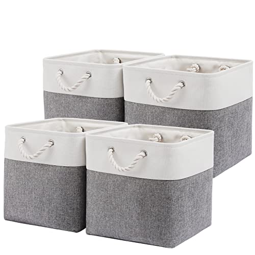 MidmmVick 13 x 13 Inch Cube Storage Bins, 4 Pack Large Collapsible Fabric Storage Bin with Ropes, Foldable Storage Cubes for Home, Office,Closet, Clothes, Toys Organizer (White & Grey) - color: White&Grey-13"x13"x13"