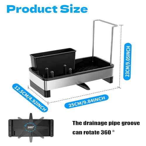 Kitchen Sink Caddy Organzier with High Brush Holder - Sponge Holder for Kitchen Sink with Towel Racks - Rustproof 304 Stainless Steel Kitchen Countertop Storage Essentials - color: Black
