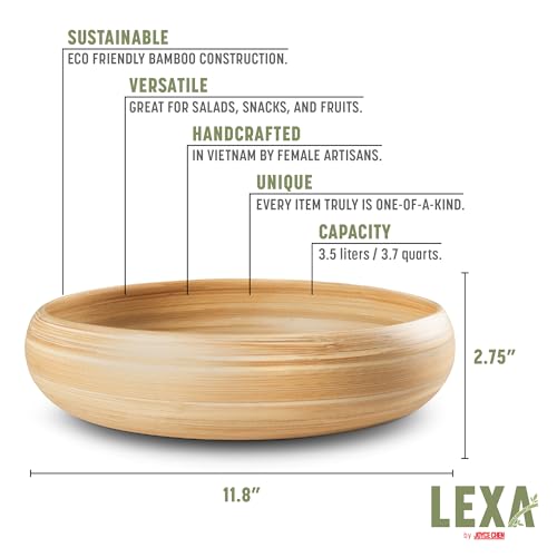 LEXA 12" Handmade Natural Bamboo Wooden Fruit Bowl for Kitchen Counter - 130 oz Lightweight Large Bamboo Wood Salad Bowl - color: Natural Wood
