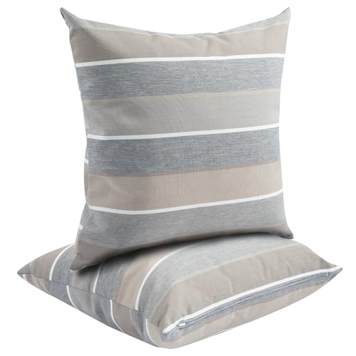 FUNHOME Outdoor Throw Pillows Water Resistant 18x18 inch,Decorative Throw Pillow with Insert Set of 2,Hidden Zipper Headrests for Patio Furniture Sofa Couch Chair(Gray Stripe) - color: Gray Stripe, size: 18" x 18" (Pack of 2)