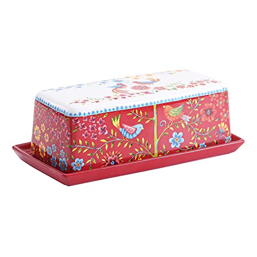 Bico Red Spring Bird Ceramic Butter Dish with Lid, Wide Butter Keeper for Counter, Kitchen Countertop, Microwave and Dishwasher Safe - color: Red Spring Bird