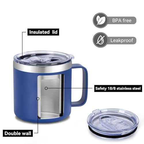 VEGOND 14 oz Insulated Coffee Mug Bulk with Handle, Stainless Steel Travel Coffee Mug with Lid, Double Wall Vacuum Metal Coffee Cup, Coffee Tumbler Powder Coated, Navy Blue 4 Pack - color: Navy Blue, size: 14 Ounces (4 Pack)
