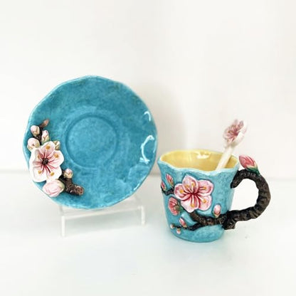 Ceramic Apricot Blossom Coffee Mug and Saucer set with Spoon,3D Handmade and Hand-painted Tea Mug, 6OZ