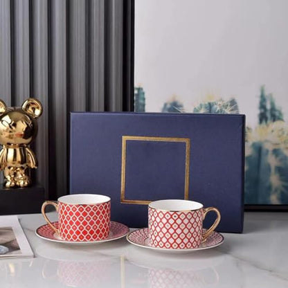 Coffee Cup and Saucer Set – Elegant Royal Blue Star Bone China Gold-Trimmed Tea Cup, Luxurious Metallic Accent Ceramic Cup (Red,2 Cups + 2 Saucers,Art Deco) - color: Red