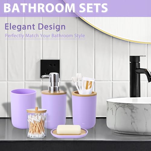 Bathroom Accessories Set 5Piece Light Purple Bathroom Sets, Toothbrush Holder, Toothbrush Cup, Lotion Soap Dispenser, Soap Dish and Qtip Holder Bathroom Decor - style: Light Purple