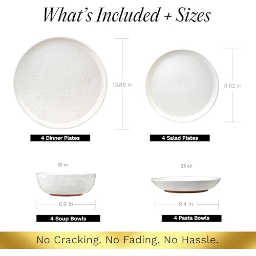 Sango 16-Piece Boho Farmhouse Stoneware Dinnerware Set for 4, Semi-Matte White Plates and Bowls Sets with Rustic Speckled Glaze, Ceramic Dish Set, Modern Dishes, Microwave & Dishwasher Safe, Kaya - color: White