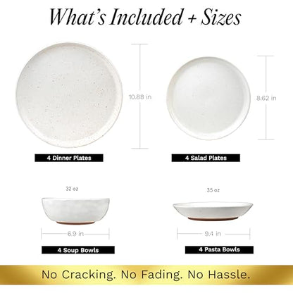 Sango 16-Piece Boho Farmhouse Stoneware Dinnerware Set for 4, Semi-Matte White Plates and Bowls Sets with Rustic Speckled Glaze, Ceramic Dish Set, Modern Dishes, Microwave & Dishwasher Safe, Kaya - color: White