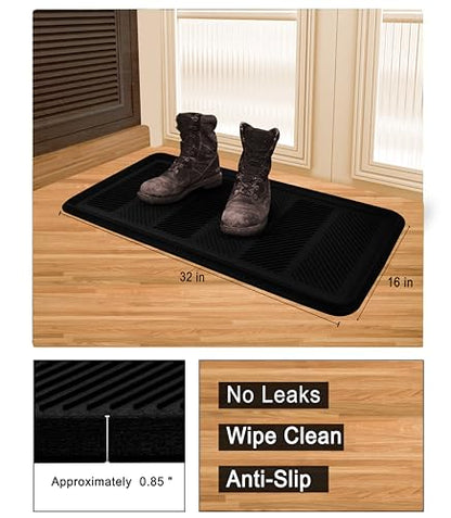 Croft&Cane Rubber Boot Tray - Black 16x32 inch Large Waterproof Shoe Tray | Heavy Duty Big Foot Indoor Outdoor Boot Mat with Raised Edges - Slip Resistant Entryway Garage Pet Feeding Multi-Purpose Mat - size: 1'4" x 2'8" (Rectangular)