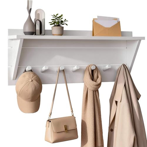 WEBI Coat Rack Wall Mount with Shelf,30" Long Entryway Wall Shelf with Hooks Underneath,7 Peg Hooks for Hanging Coats,Caps,Jacket,Clothes,White - color: White, size: 30 Inch