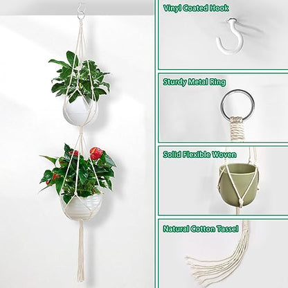 SNAIL GARDEN 2 Tier Macrame Plant Hanger, 2Pack Double Plant Hangers with Tassel Indoor Outdoor Hanging Planter Basket Handmade Cotton Rope Hanging Planters Set with 2Pcs Hooks for Boho Home Decor