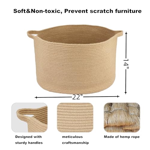 XUANGUO Extra Large Jute Rope Round Storage Basket 22" x 12" | Woven basket for blankets, toys, towels, laundry, nursery, living room and pet toy storage. - color: jute