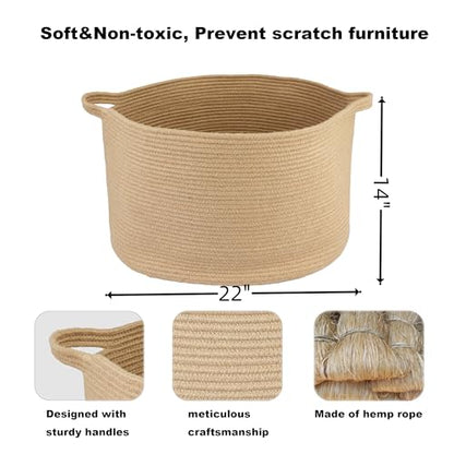 XUANGUO Extra Large Jute Rope Round Storage Basket 22" x 12" | Woven basket for blankets, toys, towels, laundry, nursery, living room and pet toy storage. - color: jute