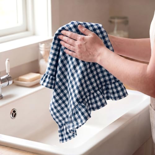 HunnmingRe Navy Blue Kitchen Towels Set of 2, 100% Cotton Ruffled Gingham Dish Towels 18"x28" Absorbent Tea Cloths Classic Plaid Pattern for Farmhouse Charm, Drying Dishes, Entertaining Guests - color: Navy Blue, style: Gingham
