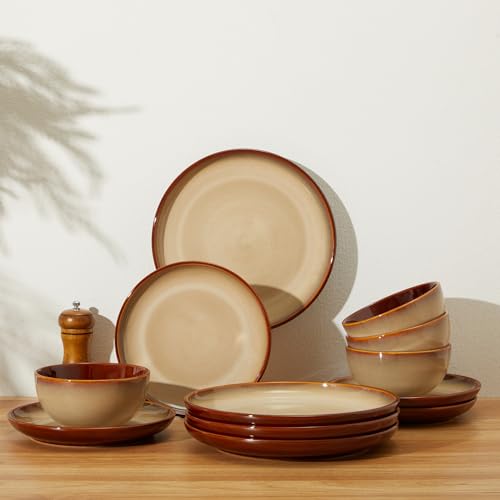 Ceramic Dinnerware Sets for 4, 12pcs Plates and Bowls Sets Dish Set | Stoneware Dishware sets, Microwave & Dishwasher Safe, Cereal Bowls and Dinner Plates Set, Stackable Dishes Set, Brown Yellow - color: Brown Yellow, size: Set (12pcs)