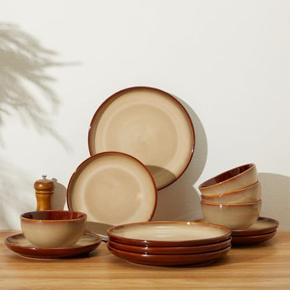 Ceramic Dinnerware Sets for 4, 12pcs Plates and Bowls Sets Dish Set | Stoneware Dishware sets, Microwave & Dishwasher Safe, Cereal Bowls and Dinner Plates Set, Stackable Dishes Set, Brown Yellow - color: Brown Yellow, size: Set (12pcs)