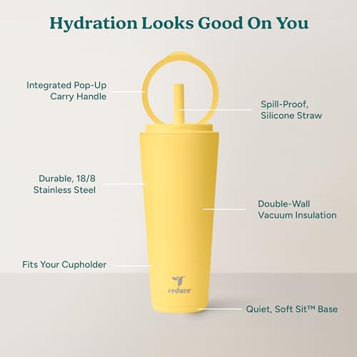 REDUCE Halo 32 oz Stainless Steel Vacuum Insulated Tumbler - Spill Proof Travel Mug with Flip Handle Lid - Keeps Drinks Cold for 32 Hrs - Dishwasher Safe - Cupholder Friendly - Pineapple - color: Pineapple, size: 32 Ounces