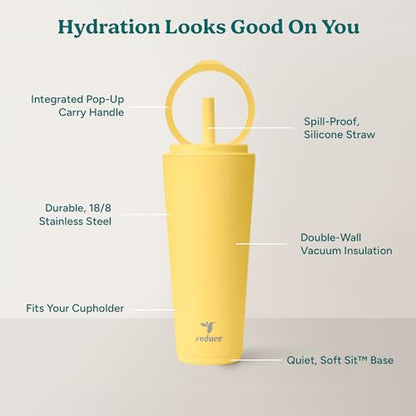REDUCE Halo 32 oz Stainless Steel Vacuum Insulated Tumbler - Spill Proof Travel Mug with Flip Handle Lid - Keeps Drinks Cold for 32 Hrs - Dishwasher Safe - Cupholder Friendly - Pineapple - color: Pineapple, size: 32 Ounces