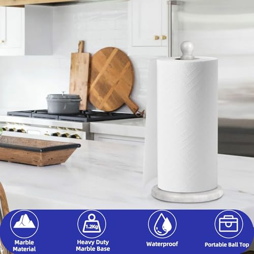 Natural Marble Paper Towel Holder for Kitchen Countertop - 2.6 lbs (1.2kg) Heavy Duty Weighted Base for One-Handed Tearing - Fits Jumbo Rolls - Elegant Modern Design with Ball Top - White & Grey - color: White & Grey