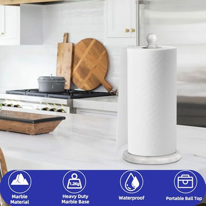 Natural Marble Paper Towel Holder for Kitchen Countertop - 2.6 lbs (1.2kg) Heavy Duty Weighted Base for One-Handed Tearing - Fits Jumbo Rolls - Elegant Modern Design with Ball Top - White & Grey - color: White & Grey